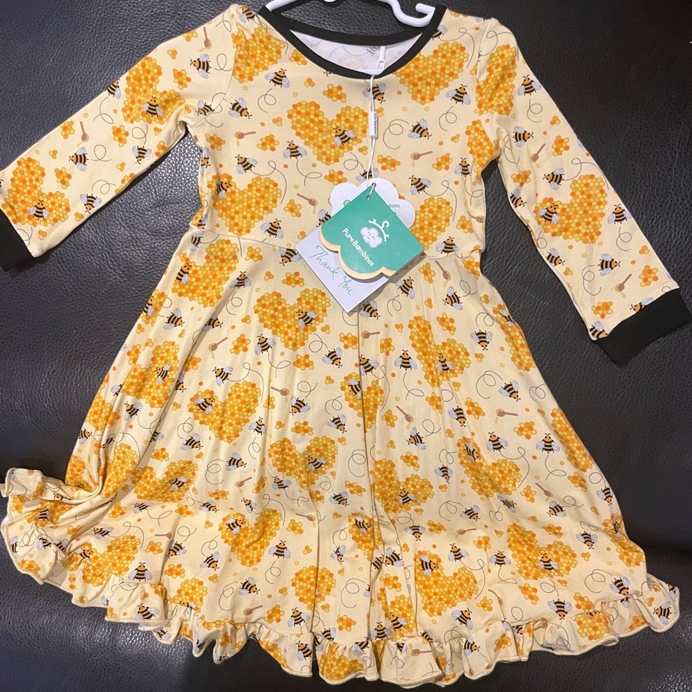 NEW Pure Bambinos Kids Yellow Honeybee Print Long Sleeve Dress